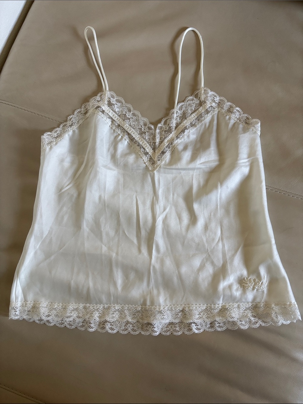 Dior White Lace-Trim Silky Satin Camisole Tank